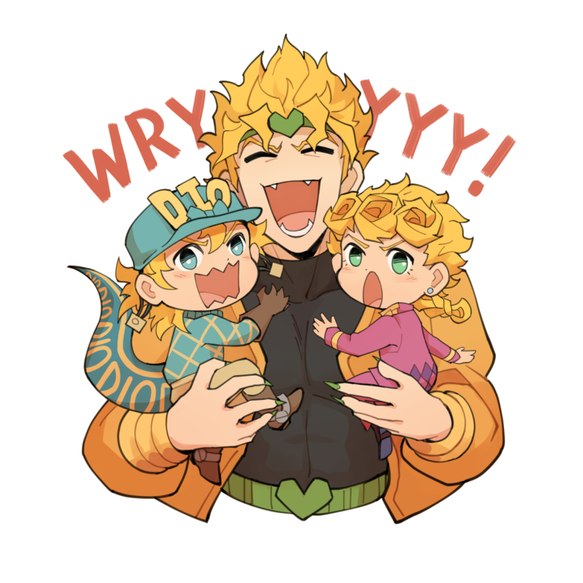 3boys argyle_clothes argyle_sweater blonde_hair blue_eyes braid chibi claws curly_hair diego_brando dinosaur_tail dio_brando fangs father_and_son giorno_giovanna green_eyes green_nails headband heart highres jacket jojo_no_kimyou_na_bouken laughing male_focus multiple_boys nail_polish norue open_mouth stardust_crusaders steel_ball_run sweater tail turtleneck vampire vento_aureo wryyyyyyyyyyyyyyyyyyyy yellow_jacket