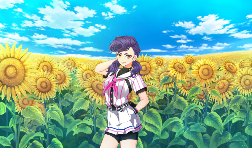 1girl arm_behind_back baseball_uniform belt belt_buckle belt_pouch bike_shorts_under_skirt black_belt black_pouch black_shorts black_undershirt blue_sky buckle cinderella_series closed_mouth cloud field flower flower_field game_cg hachigatsu_no_cinderella_nine hand_in_pocket highres izumida_kyouka long_hair looking_at_viewer low_twintails neckerchief non-web_source official_art orange_eyes outdoors pink_neckerchief pleated_skirt pompadour pouch purple_hair satogahama_baseball_uniform shirt shirt_under_shirt short_sleeves shorts skirt sky smile solo sportswear standing striped_belt striped_clothes striped_shirt sunflower sunflower_field twintails vertical-striped_clothes vertical-striped_shirt wristband