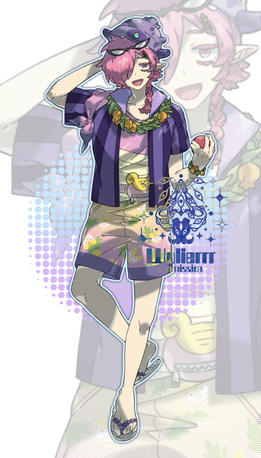 1boy :d braid eyewear_on_head fanny_pack flower full_body galarian_slowking hair_ornament hairclip highres holding holding_poke_ball jacket leaf_necklace looking_at_viewer male_focus nintendo open_mouth orange_flower personification pink_eyes pink_hair pink_shirt pink_shorts poke_ball pokemon pokemon_(creature) purple_jacket sandals shell_hair_ornament shirt shorts simple_background single_braid smile solo standing white_background wulie_errr