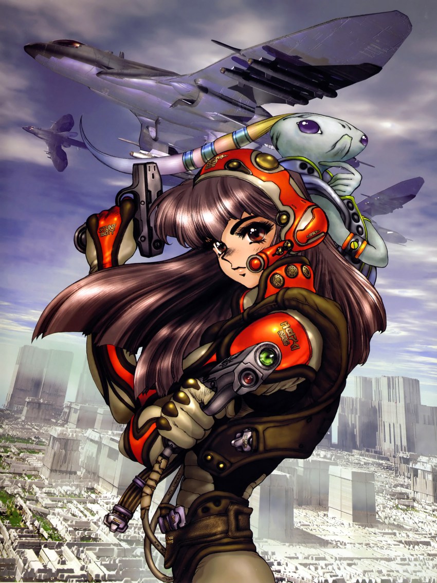 1girl 3d absurdres aircraft airplane alien bodysuit brown_eyes brown_hair building cityscape dual_wielding energy_gun gloves gun handgun headgear highres holding jet long_hair looking_at_viewer missile original science_fiction shirou_masamune spacecraft starfighter vest weapon