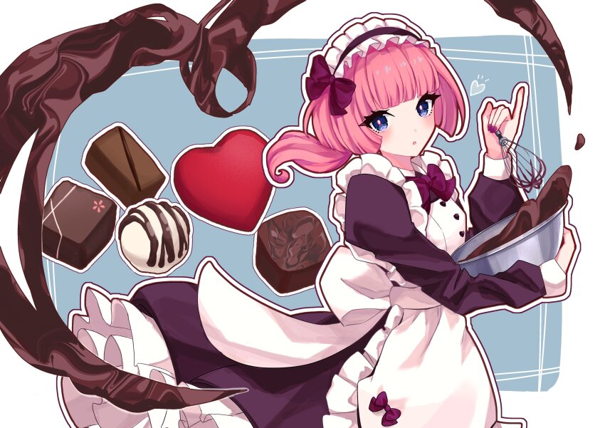 1girl absurdres apron back_bow black_dress blue_background blue_eyes blunt_bangs blunt_ends blush border bow bowl bowtie candy chocolate chocolate_heart commentary_request cowboy_shot dress food frilled_apron frilled_skirt frills hair_bow heart highres holding holding_bowl holding_utensil juliet_sleeves kaf_(kamitsubaki_studio) kamitsubaki_studio long_sleeves looking_at_viewer low_ponytail maid maid_apron maid_headdress mixing_bowl moemoebi multicolored_eyes open_mouth parted_lips pink_hair pinky_out ponytail puffy_sleeves purple_bow purple_bowtie purple_nails red_eyes skirt solo sweets three_quarter_view virtual_youtuber whisk whisking white_apron white_border white_bow yellow_pupils
