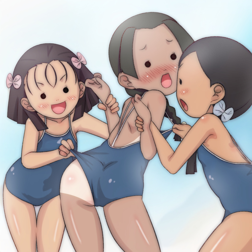 3girls animal_hair_ornament ass black_eyes blue_bow blue_one-piece_swimsuit blue_school_swimsuit blush bow braid brown_hair butterfly_hair_ornament clothes_pull cloud collarbone embarrassed flat_chest from_behind hair_bow hair_ornament kimetsu_no_yaiba leaning_forward long_hair multiple_girls nakahara_sumi one-piece_swimsuit one-piece_swimsuit_pull one-piece_tan open_mouth pink_bow ponytail pulling_another&#039;s_clothes school_swimsuit short_hair side_ponytail single_braid sky smile standing swimsuit t_jiroo_(ringofriend) takada_naho tan tanline terauchi_kiyo