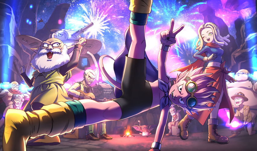1girl 6+boys anne_(sand_land) bat_wings beard beelzebub_(sand_land) black_eyes black_nails black_shirt black_shoes black_shorts blazer blonde_hair blue_shirt boots boriroba bracelet breakdance brothers brown_boots brown_hat cape colored_skin commentary_request dancing demon_boy dreadlocks facial_hair fangs fat fat_man father_and_son fire fireworks floating_hair goggles goggles_on_head goggles_on_headwear green_eyes green_socks green_tunic guitar hat highres holding holding_guitar holding_instrument horns instrument jacket jewelry lango_(sand_land) leg_up long_hair looking_at_viewer looking_back looking_to_the_side military_vehicle motor_vehicle multiple_boys music mustache navel old old_man one_eye_closed open_mouth pink_hair pink_horns pink_skin pink_tail playing_instrument pointy_ears purple_cape rao_(sand_land) red_sarong sand_land sarong scene_reference shirt shoes short_hair shorts siblings silver_bracelet smile socks sweater swim_cap swimmers_guppy swimmers_papa swimmers_pike swimmers_shark tank thief_(sand_land) topless_male tunic uncle_and_niece v white_facial_hair white_hair wings yellow_boots yellow_jacket yellow_sweater