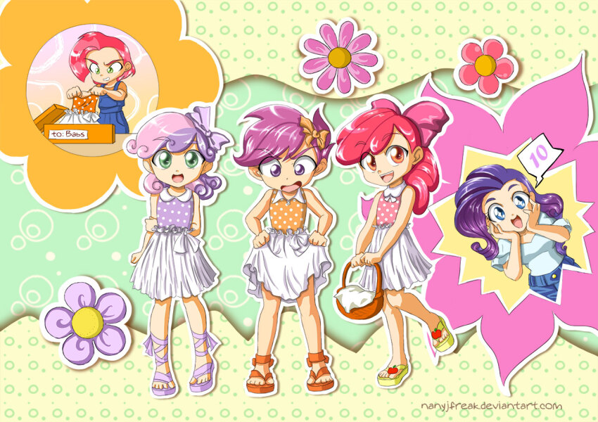 5girls apple_bloom apple_bloom_(equestria_girls) babs_seed_(equestria_girls) bare_shoulders basket blue_hair bow collarbone green_eyes hair_bow holding holding_basket long_hair mixed-language_commentary multicolored_hair multiple_girls my_little_pony my_little_pony:_equestria_girls my_little_pony:_friendship_is_magic nancysauria open_mouth personification purple_eyes purple_hair rarity_(equestria_girls) rarity_(my_little_pony) red_bow red_hair scootaloo scootaloo_(equestria_girls) shirt short_hair slippers sweetie_belle sweetie_belle_(equestria_girls) teeth upper_teeth_only white_shirt