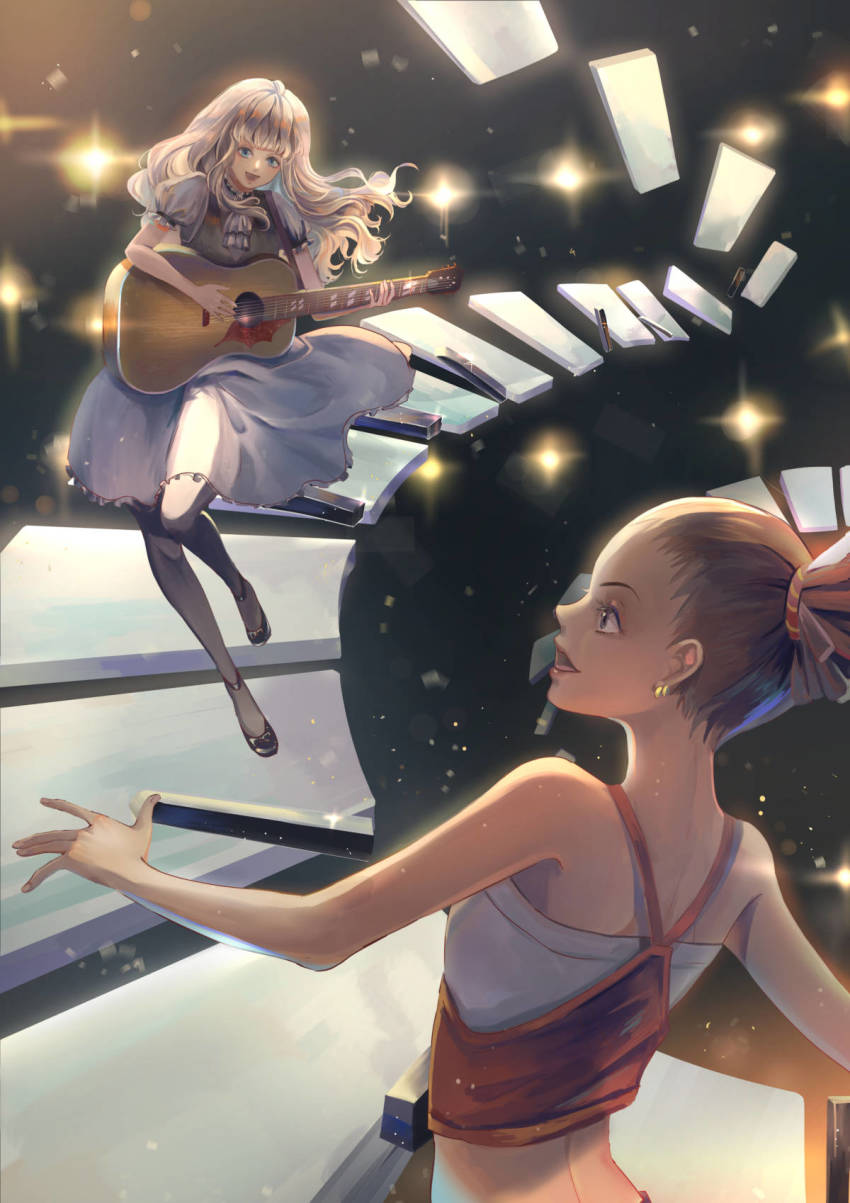 2girls beamed_eighth_notes blonde_hair blue_eyes brown_hair carole_&amp;_tuesday carole_stanley dress earrings guitar hair_ornament highres holding instrument jewelry long_hair multiple_girls music musical_note musical_note_print open_mouth pantyhose piano_keys playing_instrument plectrum ponytail quarter_note sheet_music singing skirt solo tuesday_simmons virtual_youtuber whitetown