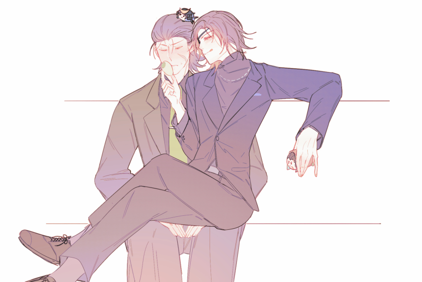 2boys :q brown_hair character_doll crossed_legs date_masamune_(sengoku_basara) doll facial_scar formal_clothes green_necktie half-closed_eyes hands_on_lap highres hikatwinkle holding holding_doll katakura_kojuurou_(sengoku_basara) male_focus multiple_boys necktie scar scar_on_cheek scar_on_face sengoku_basara short_hair simple_background sitting sitting_on_lap sitting_on_person suit sweat tongue tongue_out turtleneck white_background yaoi