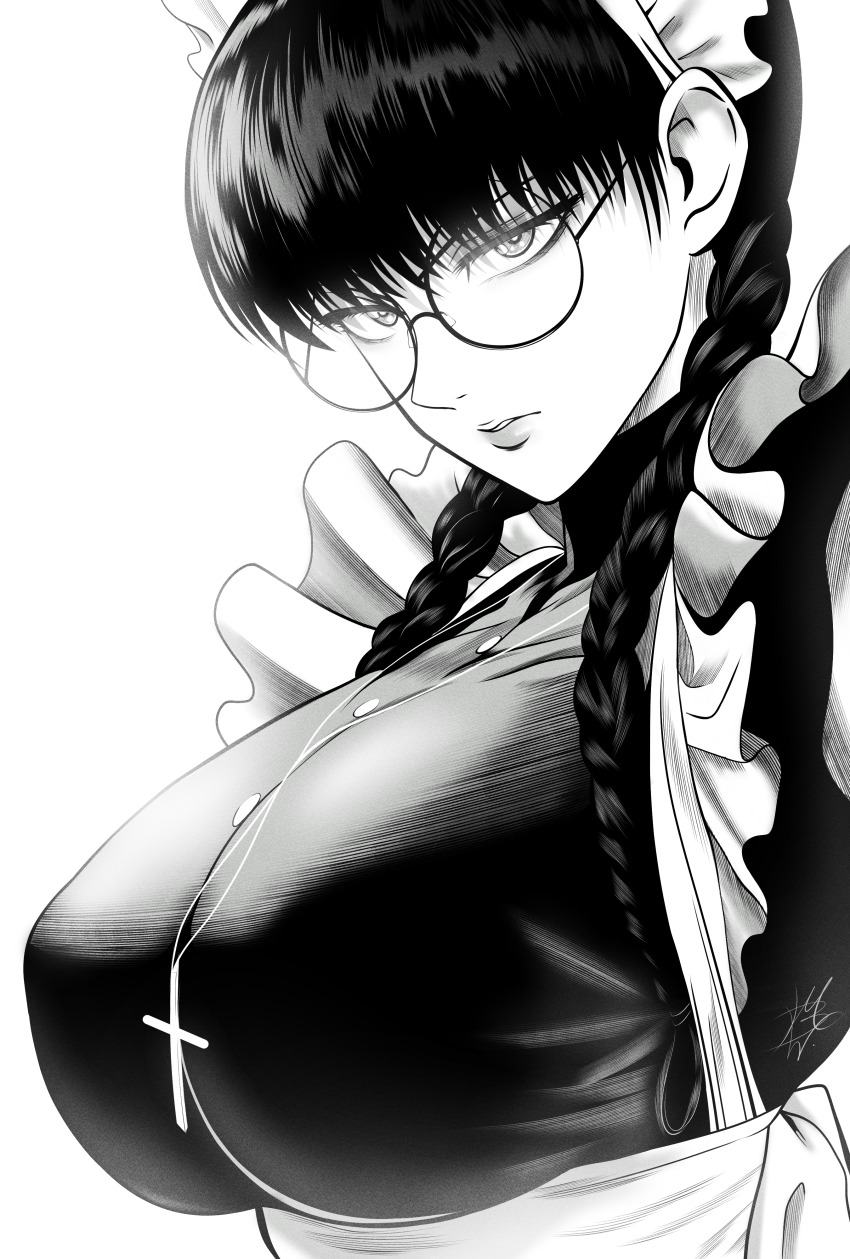 1girl absurdres black_lagoon braid breasts commentary cross cross_necklace english_commentary glasses highres jewelry large_breasts long_hair maid maid_headdress mostlybluewyatt necklace roberta_(black_lagoon) round_eyewear solo twin_braids