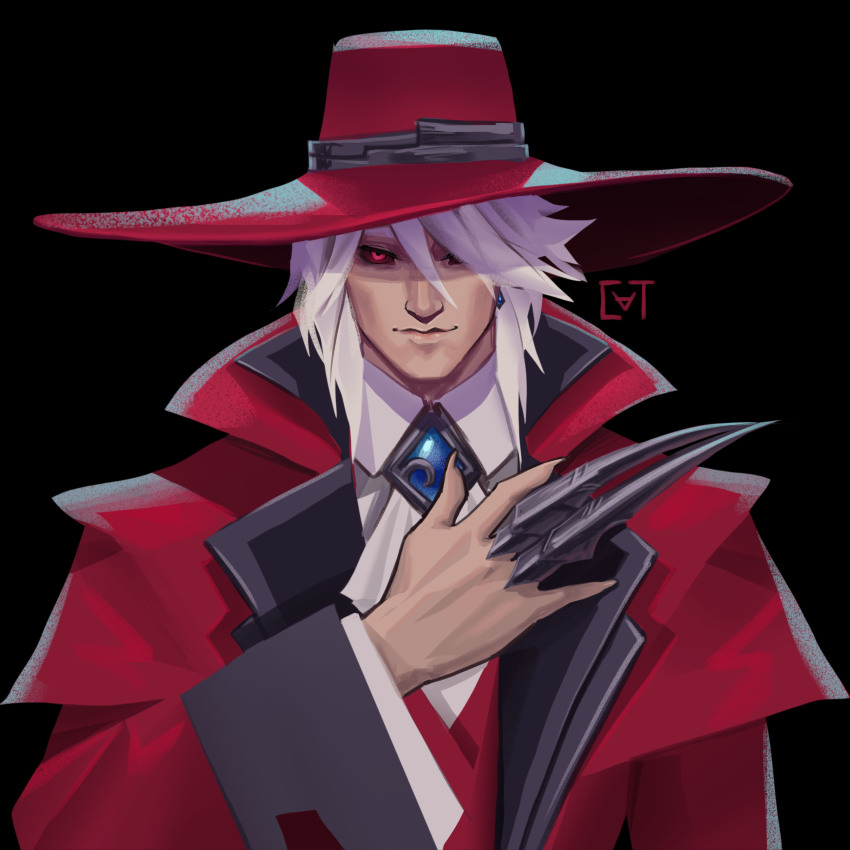 1boy absurdres alucard_(hellsing) alucard_(hellsing)_(cosplay) ascot black_background black_sclera claw_ring coat collared_shirt colored_sclera cosplay earrings fingernails gem hair_between_eyes hair_over_one_eye hand_up hat highres jewelry league_of_legends long_sleeves male_focus red_coat red_eyes red_hat sharp_fingernails shirt simple_background smile solo sundaycat3 upper_body vladimir_(league_of_legends) white_ascot wide_sleeves