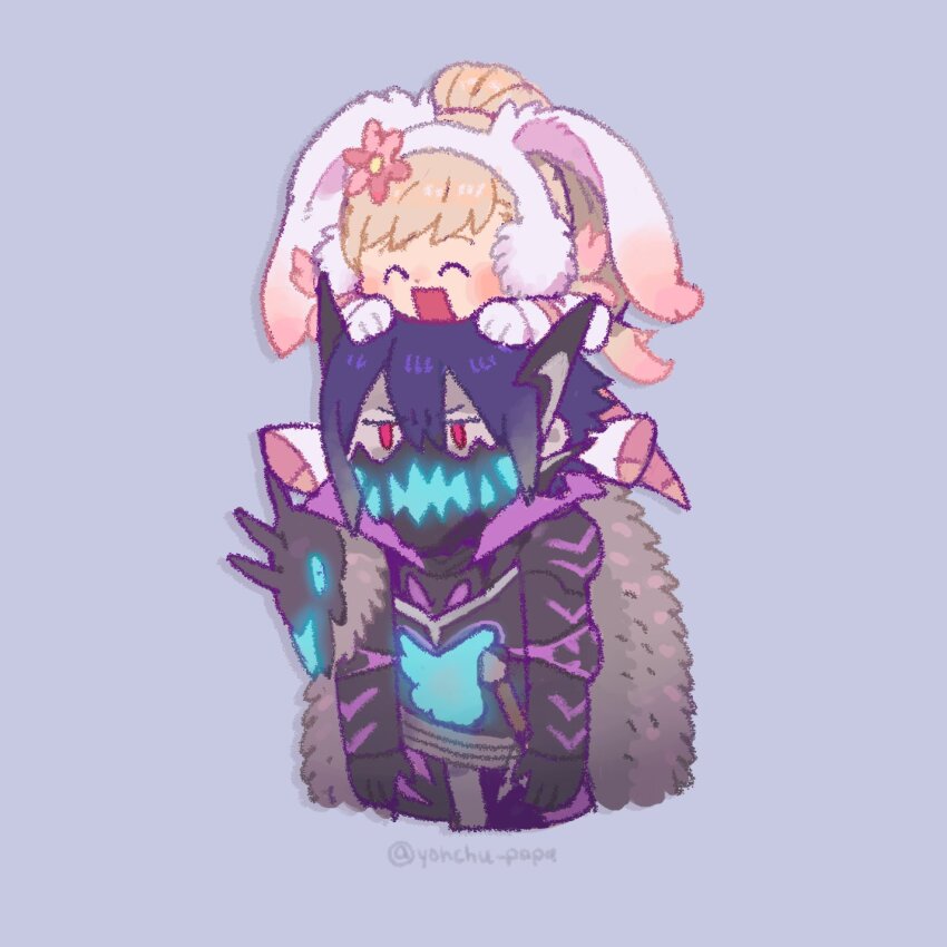 1boy 1girl animal_ears animal_skull armor blonde_hair blue_hair blush cape chibi chibi_only commentary fire_emblem fire_emblem_heroes flower fur_cape gloves glowing hair_ornament highres lif_(fire_emblem) long_hair multicolored_hair mushi_rags nintendo open_mouth pale_skin ponytail rabbit_ears red_eyes sharena_(fire_emblem) sharena_(spring_princess)_(fire_emblem) short_hair sitting_on_shoulder smile
