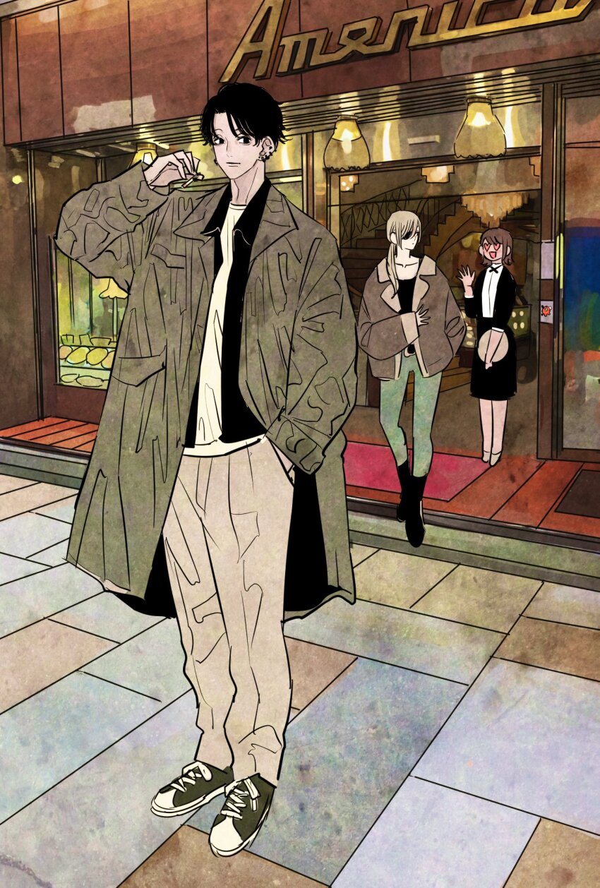 1boy 2girls black_coat black_footwear black_hair black_shirt black_skirt black_tank_top brown_hair brown_jacket chainsaw_man cigarette_pack coat collared_shirt ear_piercing eyepatch grey_coat grey_hair grey_pants hand_in_pocket heart heart-shaped_eyes highres holding holding_plate jacket kishibe_(chainsaw_man) kishibe_(young)_(chainsaw_man) looking_at_another looking_at_viewer multiple_girls open_mouth pants piercing plate ponytail quanxi_(chainsaw_man) shirt skirt smile takeuchi_ryousuke tank_top waitress waving white_shirt