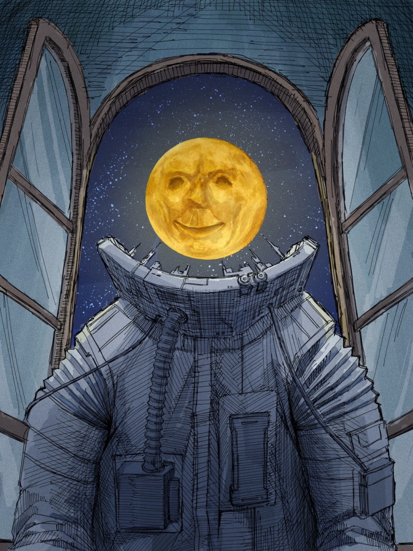 1boy astronaut crosshatching full_moon glowing hatching_(texture) headless highres kamikairo male_focus moon night object_head open_window original sky smile solo spacesuit star_(sky) starry_sky surreal upper_body window