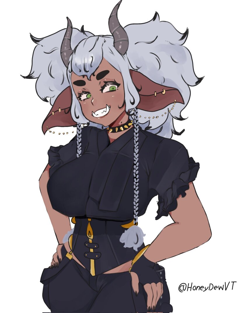 1girl animal_ears black_collar black_gloves black_shirt black_shorts braid breasts collar commentary cow_ears cow_girl cowboy_shot dark-skinned_female dark_skin earrings english_commentary fingerless_gloves frilled_sleeves frills gloves green_eyes grey_background grey_hair grey_horns grin hands_on_own_hips highres honeydew_(vtuber) horns indie_virtual_youtuber jewelry large_breasts long_hair looking_at_viewer low_twin_braids shirt short_sleeves shorts simple_background smile solo spiked_collar spikes thick_eyebrows tusks twin_braids very_long_hair virtual_youtuber weeze