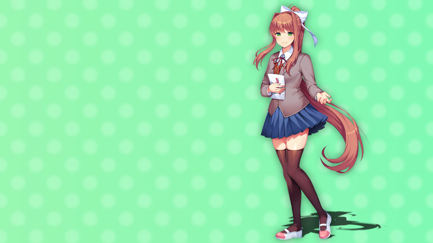 1girl black_thighhighs blazer blue_skirt blush bow breasts brown_hair brown_sweater_vest buttons collared_shirt commentary doki_doki_literature_club doki_doki_literature_club doki_doki_literature_club_school_uniform dot_nose dress_shirt english_commentary eyebrows_hidden_by_hair fingernails floating_hair full_body game_cg green_background green_eyes grey_jacket hair_bow hair_intakes hair_ribbon half-closed_eyes high_ponytail highres holding holding_paper holding_pen jacket large_bow long_eyelashes long_hair long_sidelocks looking_at_viewer lucidsky mary_janes medium_breasts miniskirt monika_(doki_doki_literature_club) neck_ribbon non-web_source official_art official_wallpaper open_hand outstretched_arm paper pen pleated_skirt polka_dot polka_dot_background ponytail red_ribbon ribbon satchely school_uniform shirt shoes sidelocks skindentation skirt smile solo squchan standing sweater_vest swept_bangs thick_eyelashes thighhighs thighs v-neck very_long_hair white_bow white_shirt white_shoes wing_collar zettai_ryouiki