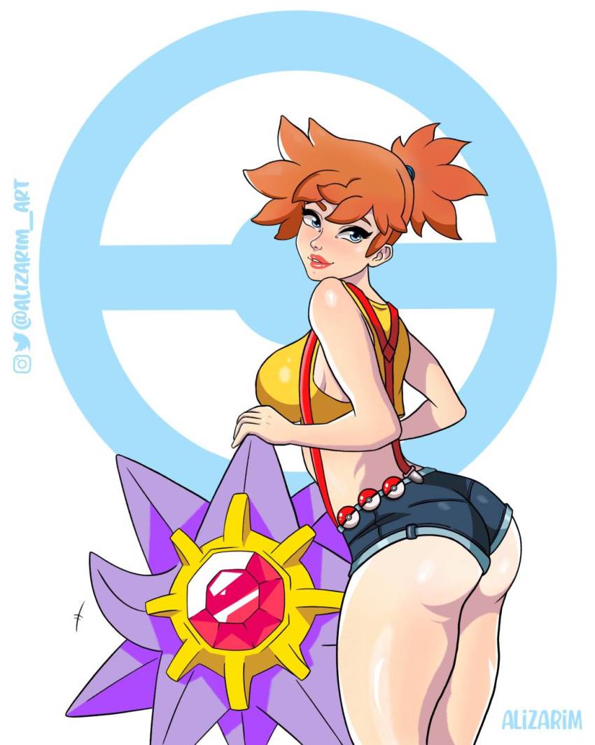 denim denim_shorts gen_1_pokemon highres misty_(pokemon) pokemon shorts starmie tagme