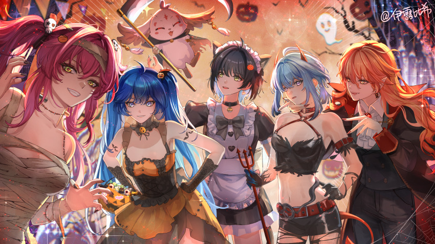 5girls abby_(wuthering_waves) absurdres ahoge alternate_costume animal_ear_hairband animal_ears antenna_hair ascot augusta_(wuthering_waves) bandages bare_shoulders bell black_bow black_bowtie black_dress black_hair black_jacket black_nails black_pants black_shorts blue_eyes blue_hair bow bowtie breasts buttons cat_ear_hairband cat_ears cleavage collarbone commentary commentary_request double-breasted dress earrings english_commentary enmaided fake_animal_ears female_rover_(wuthering_waves) fingernails galbrena_(wuthering_waves) grey_hair hair_ornament hairband hands_on_own_hips highres holding holding_staff iuno_(wuthering_waves) jacket jewelry long_hair looking_at_viewer lupa_(wuthering_waves) maid maid_headdress medium_breasts mixed-language_commentary multiple_girls mummy_costume nail_polish navel neck_bell orange_dress orange_hair orange_nails pants parted_lips pink_hair pointy_ears red_pupils rover_(wuthering_waves) sharp_fingernails shorts smile staff stomach sun_earrings twintails white_ascot wuthering_waves yellow_eyes yilubixi