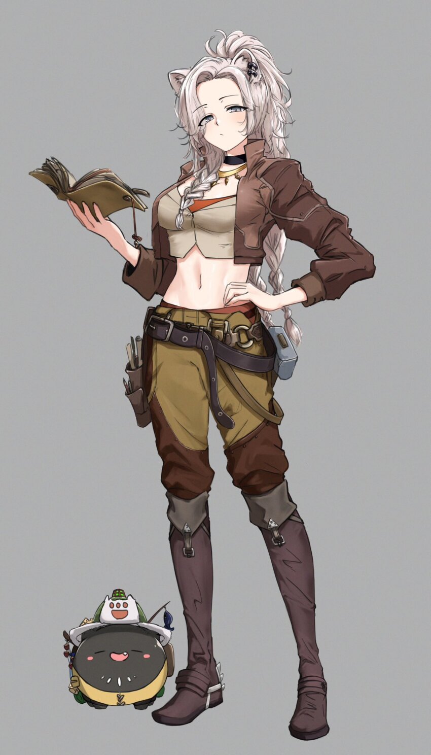 1girl :/ alternate_costume animal_ear_piercing animal_ears belt_pouch black_choker book boots breasts brown_boots brown_jacket brown_pants buckle choker commentary_request cosplay cropped_jacket cropped_shirt forehead full_body gemma_(monster_hunter_wilds) gemma_(monster_hunter_wilds)_(cosplay) gold_necklace grey_background grey_eyes grey_hair hand_on_own_hip high_ponytail highres holding holding_book hololive jacket jewelry knee_boots lapels large_breasts leather leather_belt leather_boots leather_jacket leather_pants lion_ears lion_girl long_hair looking_at_viewer low-braided_long_hair low-tied_long_hair messy_hair midriff monster_hunter_(series) monster_hunter_wilds navel necklace open_clothes open_jacket pants pants_tucked_in ponytail pouch red_tube_top shishiro_botan simple_background solo ssrb_(shishiro_botan) standing strapless three-quarter_sleeves tube_top virtual_youtuber zexalmike