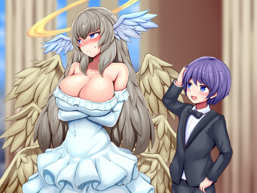 1boy 1girl angel angel_wings bare_shoulders blue_eyes blurry blurry_background blush breasts brown_hair cleavage commission crossed_arms dress elbow_gloves formal_clothes frilled_dress frills gloves halo height_difference highres long_hair luka_(mon-musu_quest!) mon-musu_quest! multiple_wings purple_eyes raichi_(ddq0246) seraph_eden skeb_commission suit sweatdrop wedding wedding_dress white_dress wings
