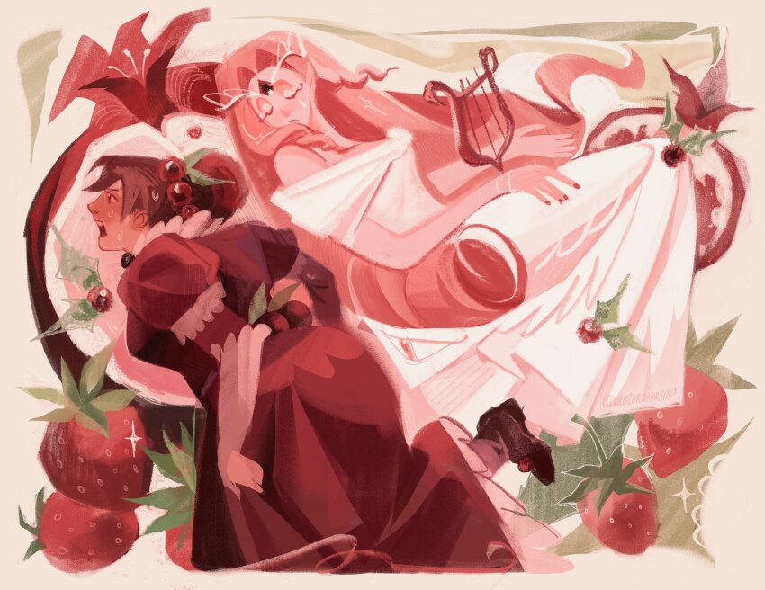 2girls black_gloves circlet closed_eyes commentary cookie_run cookie_run:_kingdom dress elbow_gloves english_commentary eternal_sugar_cookie food food-themed_hair_ornament fruit fruit_hair_ornament gloves hair_bun hair_ornament highres holly hollyberry_cookie instrument long_dress long_hair lyre motoroller413 multiple_girls open_mouth pink_hair pomegranate puffy_short_sleeves puffy_sleeves red_dress red_hair short_sleeves strawberry very_long_hair white_dress white_gloves