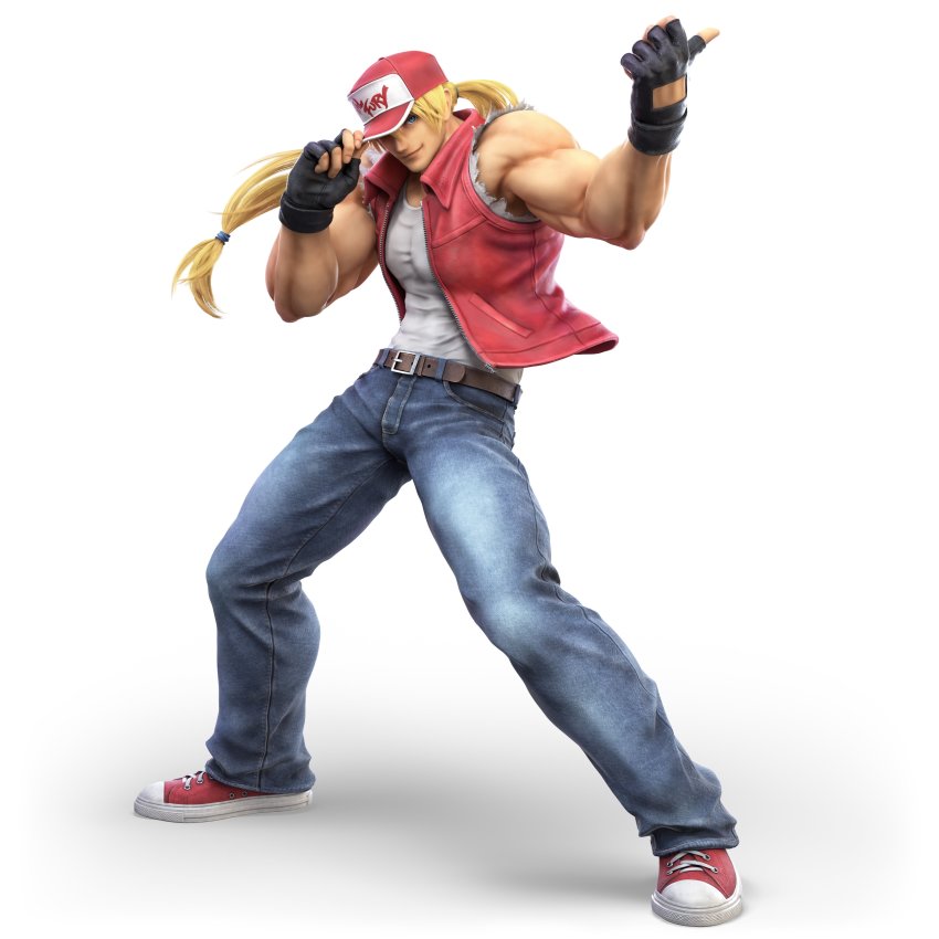 1boy 3d absurdres bad_tag baseball_cap black_gloves blonde_hair blue_eyes bomber_jacket closed_mouth crossover denim fatal_fury fingerless_gloves full_body gloves hat highres jacket jeans long_hair looking_at_viewer male_focus muscular muscular_male nintendo official_art pants ponytail red_jacket shoes smile sneakers snk solo standing super_smash_bros. tank_top terry_bogard the_king_of_fighters vest white_background