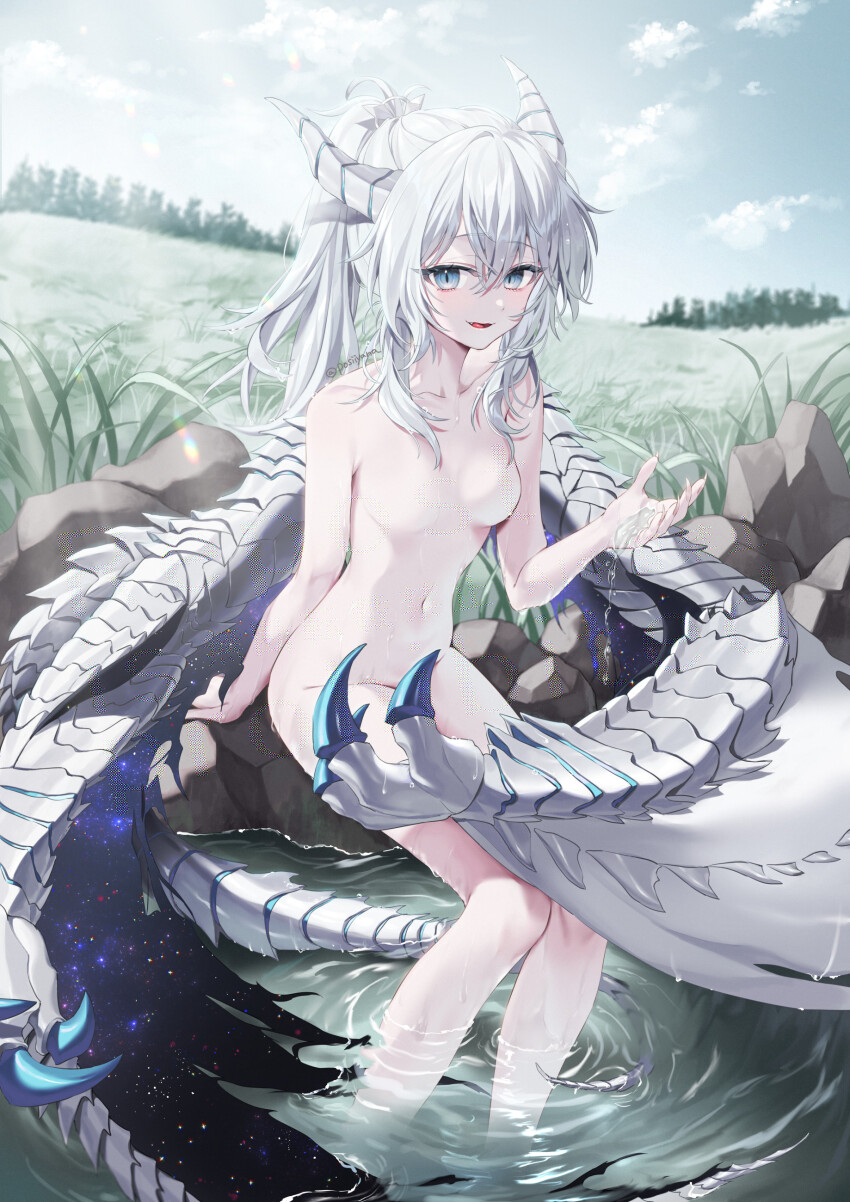 1girl absurdres anos_(neo_shy_guy) blue_eyes breasts cloud cloudy_sky completely_nude dragon_girl dragon_horns dragon_tail fang grass highres horns long_hair navel no_nipples nude open_mouth original ponytail sitting sky slit_pupils small_breasts smile solo tail twitter_username water white_hair yana_mori
