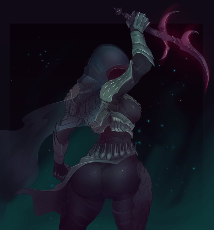 1girl arm_up armor ass black_cape black_gloves black_knife_(elden_ring) black_knife_assassin black_pants breasts cape commentary elden_ring english_commentary from_behind gauntlets gloves highres holding holding_knife holding_weapon hood hood_up justrube knife medium_breasts pants see-through_cape solo weapon wide_hips