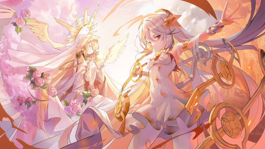 2girls absurdres alchemy_stars armlet armpits backlighting bad_id bad_pixiv_id bare_shoulders blonde_hair bracelet breasts burnt_clothes cape closed_eyes closed_mouth cloud commentary_request dress flower frilled_dress frills gabriel_(alchemy_stars) hands_up harusame_(user_wawj5773) highres holding_orb huge_filesize jewelry korean_commentary leaf long_hair long_sleeves looking_at_viewer medium_breasts multiple_girls orange_eyes outstretched_hand partial_commentary pink_flower pink_rose rose sad smile strapless strapless_dress uriel_(alchemy_stars) veil very_long_hair white_cape white_dress white_hair white_legwear wings