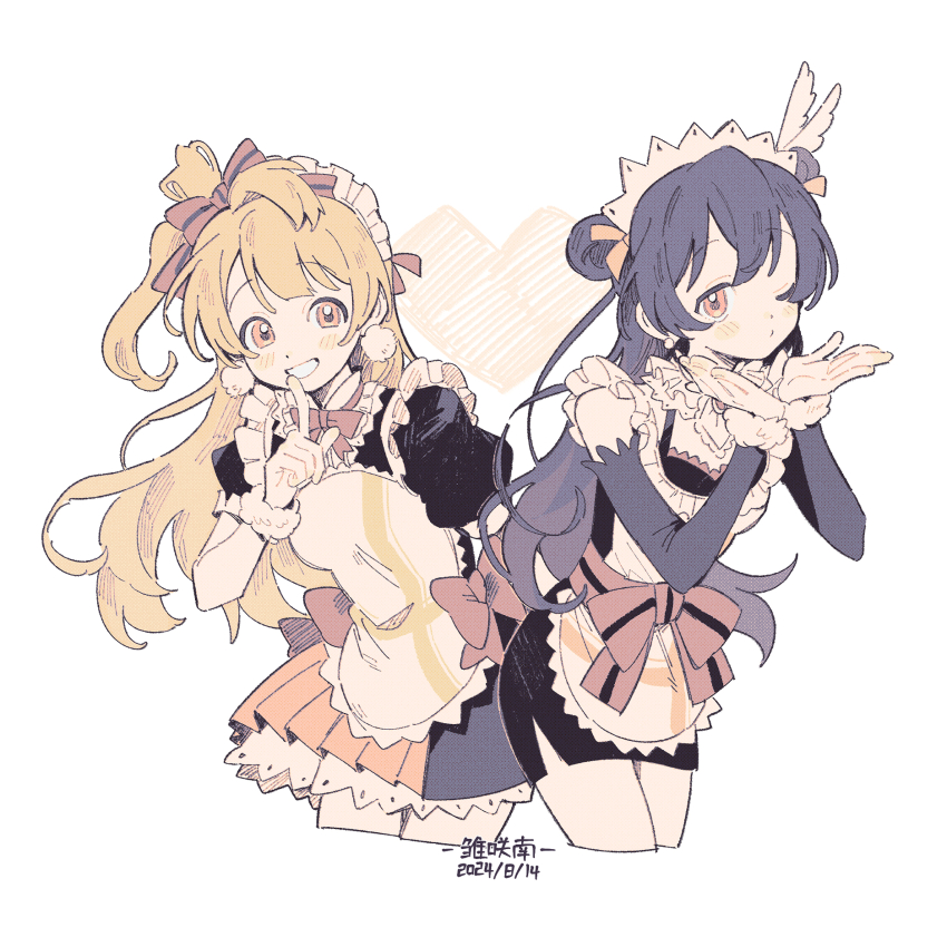 2girls apron blowing_kiss blue_hair blush bow brown_hair finger_to_mouth grin hair_bow hair_rings heart highres long_hair looking_at_viewer love_live! love_live!_school_idol_project maid maid_apron maid_headdress minami_kotori minamip mogyutto_&quot;love&quot;_de_sekkin_chuu! multiple_girls one_eye_closed one_side_up ribbon simple_background single_hair_ring smile sonoda_umi white_background yellow_eyes
