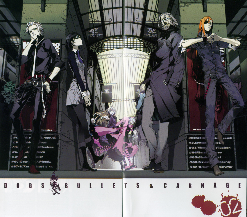 4girls 6+boys albino badou_nails beard belt blonde_hair chain cigarette coat dogs:_bullets_&amp;_carnage everyone facial_hair fuyumine_naoto giovanni giovanni_(dogs) glasses grey_hair group_picture haine_rammsteiner highres long_hair luki mihai_mihaeroff miwa_shirow multiple_boys multiple_girls necktie nill noki official_art pantyhose scan short_hair smoking striped_clothes striped_legwear striped_pantyhose studded_belt trench_coat white_hair wings