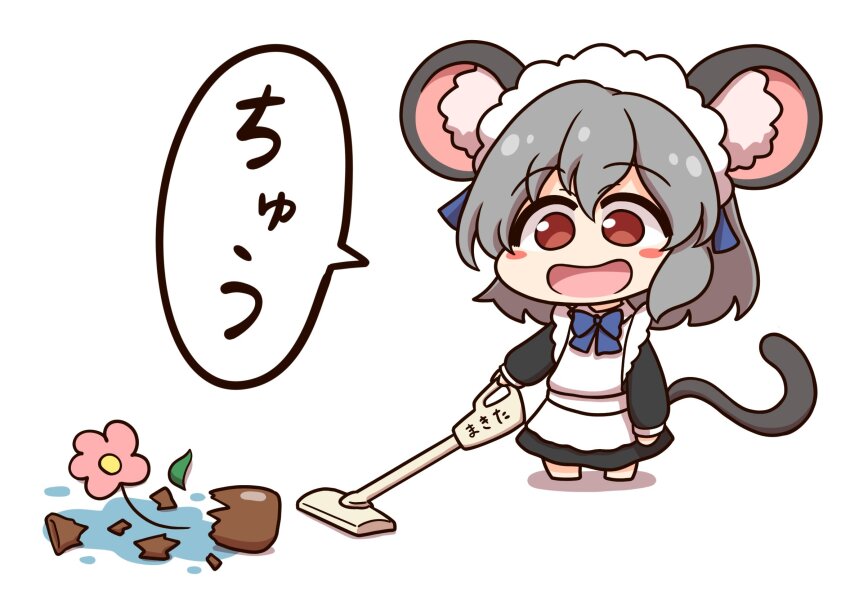 1girl animal_ears apron black_dress blush_stickers broken_vase chibi dress flower highres maid maid_apron maid_headdress medium_hair mouse_ears mouse_girl mouse_tail nazrin open_mouth shitacemayo smile solo tail touhou translated white_apron