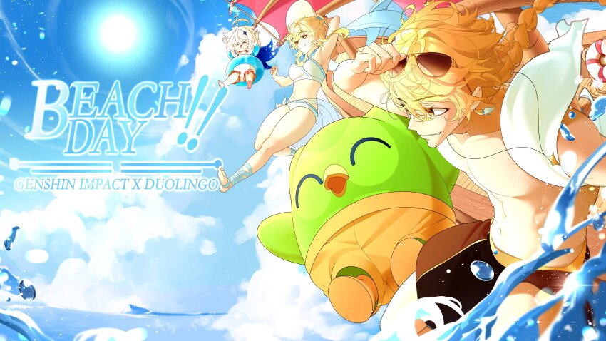1boy 2girls absurdres aether_(genshin_impact) bikini braid brown-framed_eyewear brown_male_swimwear duo_(duolingo) duolingo earrings genshin_impact halo highres innertube jewelry kynlv long_hair lumine_(genshin_impact) male_swimwear multiple_girls muscular muscular_male navel paimon_(genshin_impact) smile stomach sunglasses swim_ring swimsuit topless_male white_bikini white_hair yellow_eyes