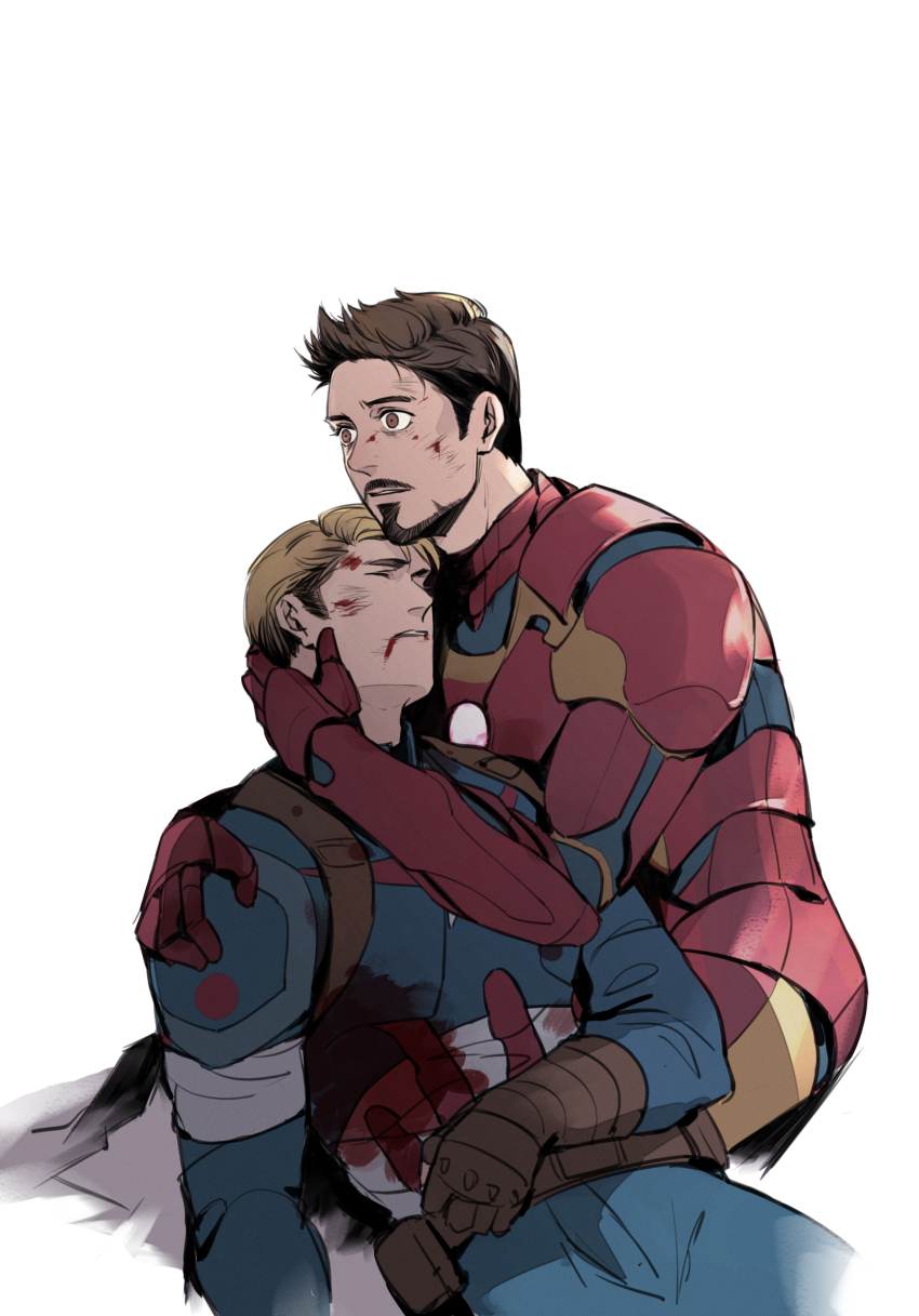 2boys arc_reactor armor avengers_(series) belt blonde_hair blood blood_from_mouth blood_on_clothes blood_on_face blue_bodysuit bodysuit brown_belt brown_eyes brown_gloves brown_hair captain_america closed_eyes facial_hair fingerless_gloves full_armor gloves highres injury iron_man looking_to_the_side lying male_focus mandarin_collar marvel multicolored_armor multiple_boys on_back pocket power_armor red_armor rv0fya short_hair simple_background sitting star_(symbol) steve_rogers striped superhero_costume teeth tony_stark white_background yellow_armor