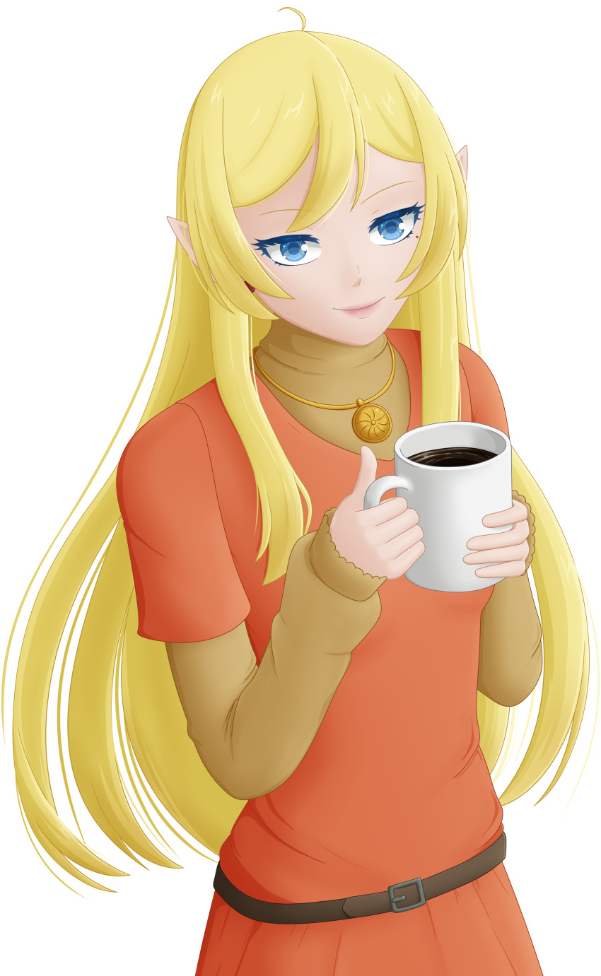 1girl absurdres ahoge belt blonde_hair blue_eyes brown_belt coffee coffee_mug commission commissioner_upload cup dress elf highres holding holding_cup jewelry long_hair long_sleeves looking_at_viewer lotte_farona makeup mug necklace official_art orange_dress pointy_ears selinanovalight sidelocks smile solo standing turtleneck ways_of_darkness_(series)