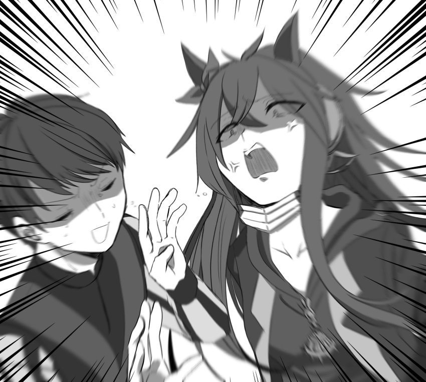 1boy 1girl anger_vein animal_ears bow closed_eyes collarbone ear_bow greyscale hair_between_eyes highres hood horse_ears horse_girl ikezoe_ken&#039;ichi jacket long_hair long_sleeves mask messy_hair monochrome mouth_mask open_mouth orfevre_(old_design)_(umamusume) poteo_(poteo_mot) real_life shirt short_hair simple_background smile sweat sweatdrop umamusume upper_body white_background