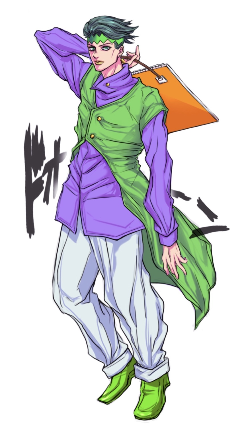 1boy black_hair diamond_wa_kudakenai dodododo earrings full_body green_eyes green_hair headband highres jewelry jojo_no_kimyou_na_bouken kishibe_rohan male_focus ruushii_(lucy_steel6969) sketchbook solo standing undercut vest white_background