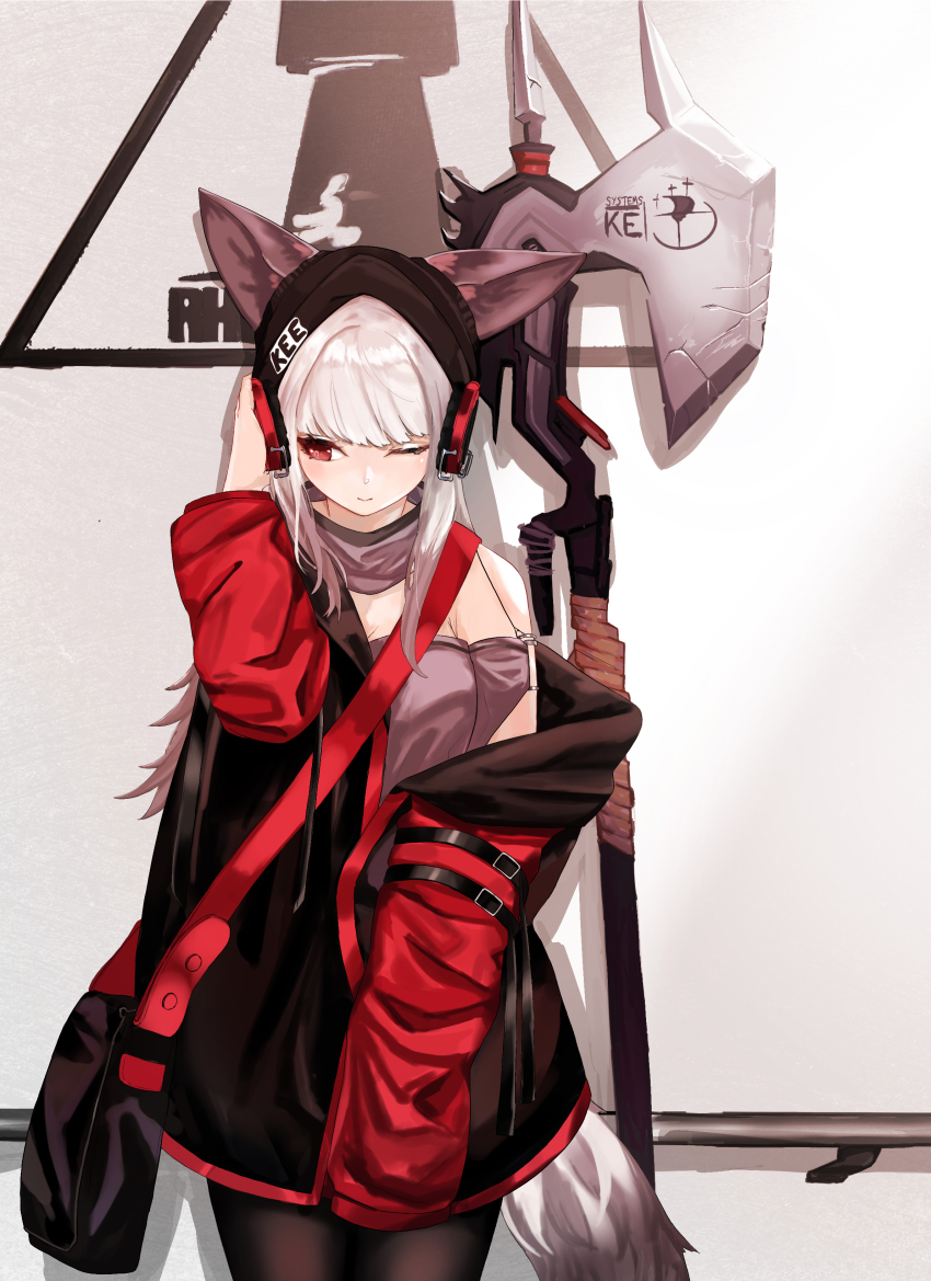 1girl absurdres animal_ears arknights arm_at_side axe bag beanie belt_buckle black_pantyhose breasts buckle cowboy_shot detached_collar detached_sleeves ears_through_headwear fox_ears fox_girl fox_tail frostleaf_(arknights) grey_shirt hand_on_headphones hat headphones highres leaning_back light_smile long_hair long_sleeves messenger_bag off-shoulder_shirt off_shoulder one_eye_closed pantyhose polearm red_eyes rhodes_island_logo_(arknights) sawatani_(_swt2) shirt shoulder_bag sidelocks sleeves_past_fingers sleeves_past_wrists solo strap tail weapon white_background white_hair