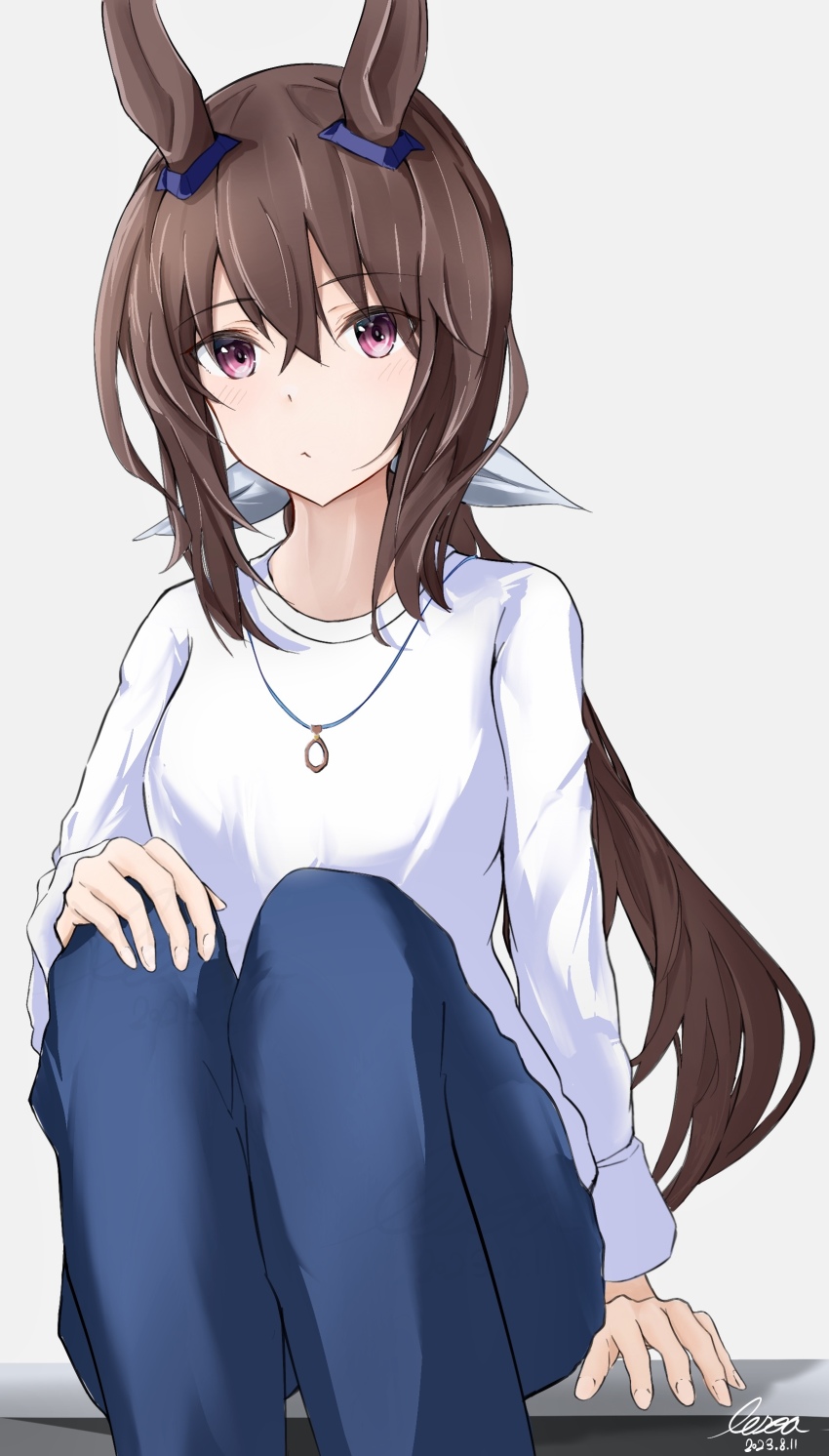 1girl absurdres admire_vega_(umamusume) alternate_costume animal_ears brown_hair dated denim grey_background hair_ribbon highres horse_ears horse_girl jeans jewelry lesoa long_hair long_sleeves looking_at_viewer low_ponytail necklace pants ponytail purple_eyes ribbon shirt signature simple_background sitting solo umamusume white_ribbon white_shirt