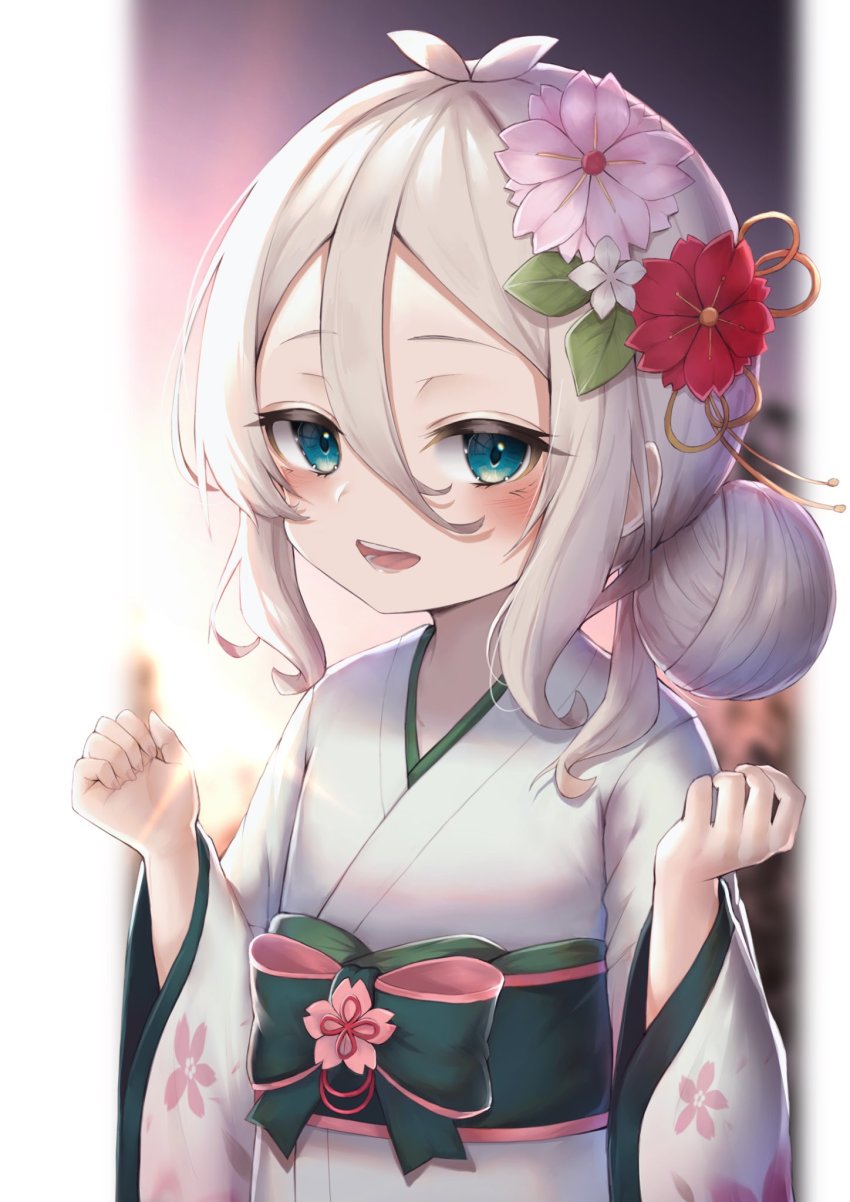 1girl :d aged_down antenna_hair bad_id bad_pixiv_id blue_eyes blurry blurry_background blush bow commentary_request flower hair_between_eyes hair_bun hair_flower hair_ornament highres hinamayo japanese_clothes kimono kokkoro_(princess_connect!) kokkoro_(real)_(princess_connect!) long_sleeves looking_at_viewer medium_hair obi open_mouth princess_connect! sash sidelocks single_hair_bun smile solo waist_bow white_kimono wide_sleeves