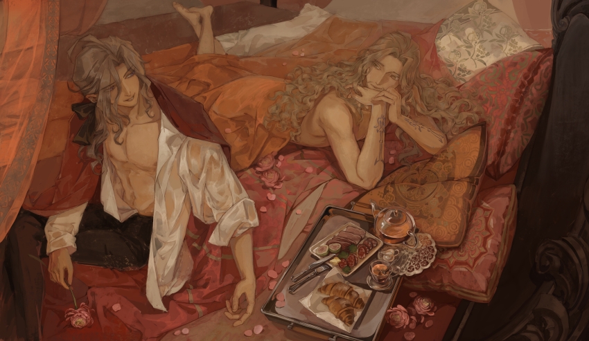 2boys absurdres ahoge arm_tattoo bare_pectorals bed_sheet black_pants blonde_hair cape collared_shirt croissant cup darnic_prestone_yggdmillennia facial_hair fate/apocrypha fate_(series) flower food fruit gan&#039;yugu grey_hair hair_ribbon head_on_hand highres holding holding_flower long_hair long_sleeves looking_at_another low_ponytail lying male_focus meat multiple_boys navel nipples on_bed on_stomach open_clothes open_shirt pants pectorals petals pillow ponytail red_cape ribbon shirt sitting smile tattoo teacup teapot topless_male tray under_covers vlad_iii_(fate/apocrypha) wavy_hair