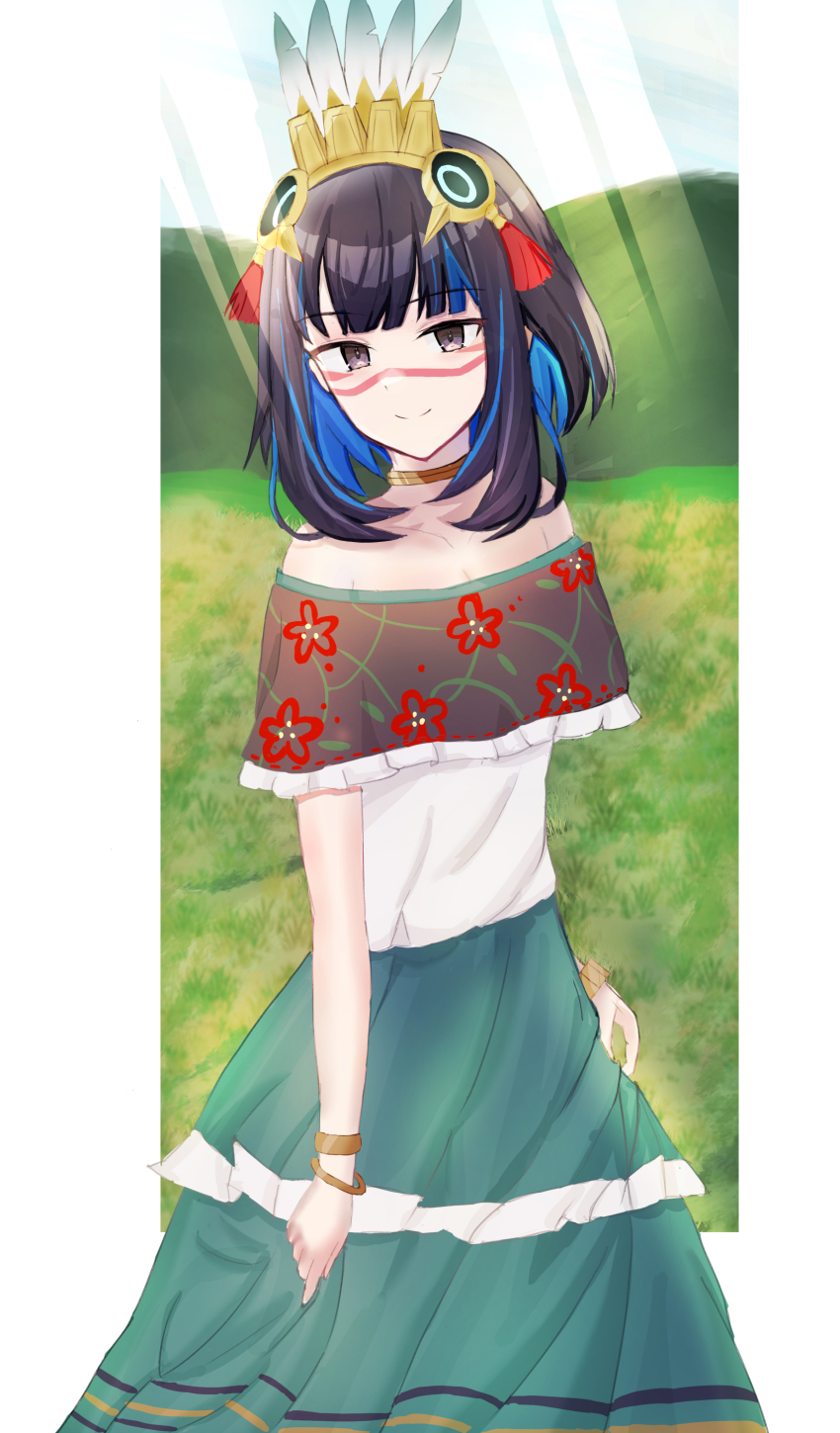 1girl absurdres bare_shoulders black_hair blue_hair bracelet breasts choker colored_inner_hair dress facepaint fate/grand_order fate_(series) feathers floral_print green_skirt grey_eyes headdress highres jewelry looking_at_viewer mexican_dress multicolored_hair off-shoulder_dress off_shoulder short_hair sidelocks skirt small_breasts smile solo tassel tenochtitlan_(ancient_mexico_exhibition)_(fate) tenochtitlan_(fate) uriuriyukitti