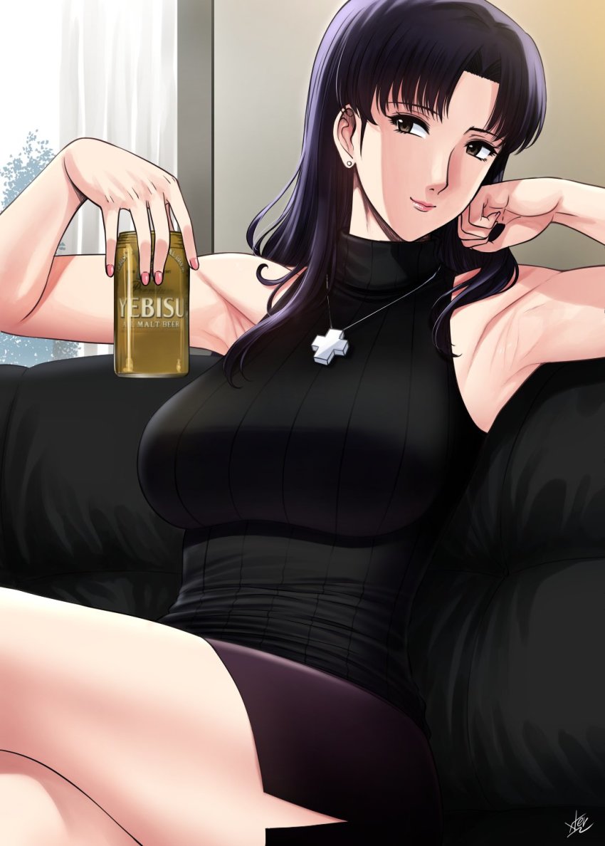 1girl armpits beer_can black_shirt blouse breasts brown_eyes can cross cross_necklace drink_can earrings facing_viewer highres jewelry katsuragi_misato lipstick looking_at_viewer makeup nail_polish necklace neon_genesis_evangelion purple_hair shirt sitting skirt solo xter yebisu