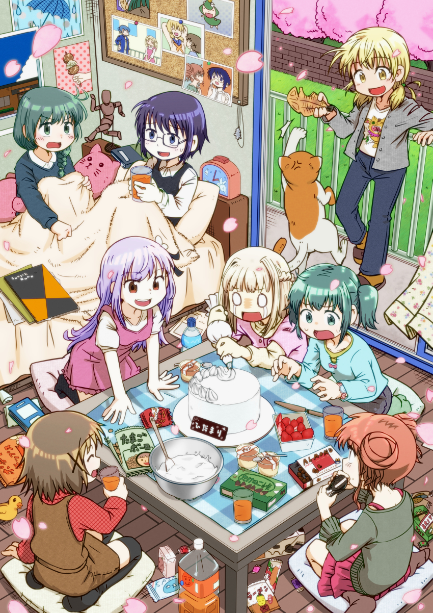 6+girls absurdres alarm_clock baking braid cake cat cherry_blossoms clock collared_shirt commission crying decorating_baked_goods double_bun dress dried_fish food fruit glasses hair_bun hair_ornament hands_on_table hidamari_sketch highres hiro_(hidamari_sketch) juice maruman_sketchbook matsuri_(hidamari_sketch) miyako_(hidamari_sketch) multiple_girls natsume_(hidamari_sketch) nazuna_(hidamari_sketch) nori_(hidamari_sketch) okai_(pixiv6333) orange_juice pet photo_(object) pinafore_dress pixiv_commission rubber_duck sae_(hidamari_sketch) seiza shared_blanket shirt side_braid sitting sketchbook sleeveless sleeveless_dress snack strawberry streaming_tears stuffed_animal stuffed_toy t-shirt tears twintails ume-sensei wariza x_hair_ornament yuno_(hidamari_sketch)