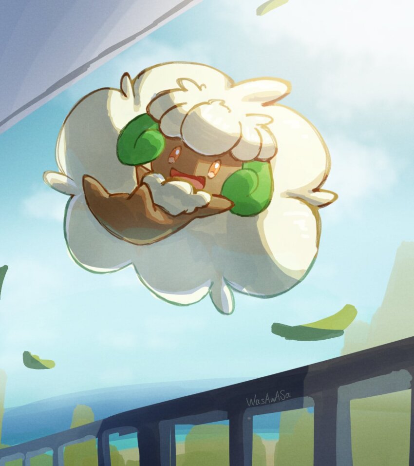 applecandy_prpr blue_sky day full_body gen_5_pokemon highres leaf looking_at_viewer nintendo no_humans open_mouth outdoors pokemon pokemon_(creature) sky solo whimsicott