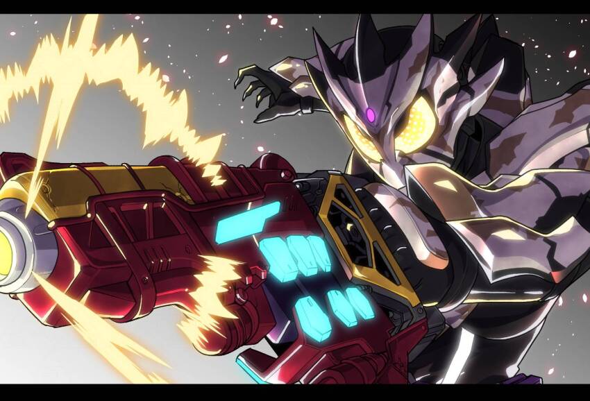 1boy amakawa_mayu bake_magnum black_border border gradient_background grey_armor grey_background gun holding holding_gun holding_weapon kamen_rider kamen_rider_bake kamen_rider_bake_breacookie_form kamen_rider_gavv_(series) male_focus simple_background solo tokusatsu upper_body weapon yellow_eyes