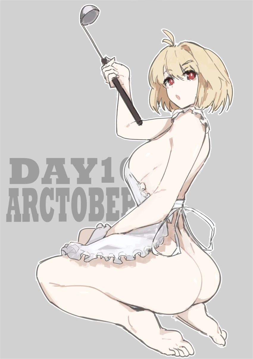 1girl apron arcueid_brunestud ass barefoot blonde_hair breasts commentary english_commentary english_text grey_background highres holding holding_ladle jonyeld ladle large_breasts naked_apron open_mouth red_eyes short_hair sideboob solo tsukihime tsukihime_(remake) white_apron