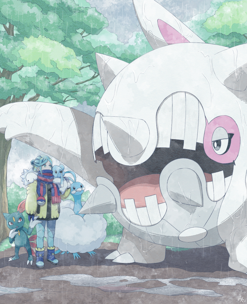 1boy altaria blue_footwear blue_mittens blue_scarf boots cetitan cubchoo day gen_2_pokemon gen_3_pokemon gen_5_pokemon gen_8_pokemon grusha_(pokemon) highres jacket male_focus min_(myna8247) mittens nintendo outdoors pants poke_ball_print pokemon pokemon_(creature) pokemon_sv puddle rain scarf sneasel snom standing striped_clothes striped_scarf tree wet wet_floor yellow_jacket