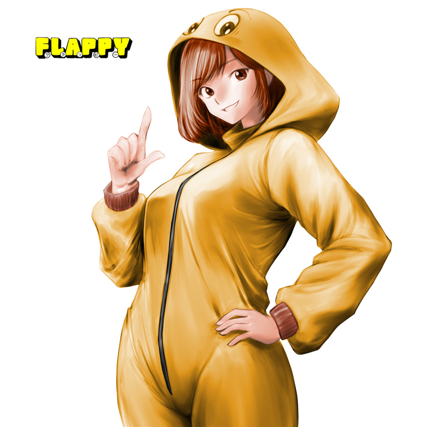 1girl bodysuit brown_eyes brown_hair flappy grin hand_on_own_hip highres hood hoodie looking_at_viewer minamoto80486 smile solo