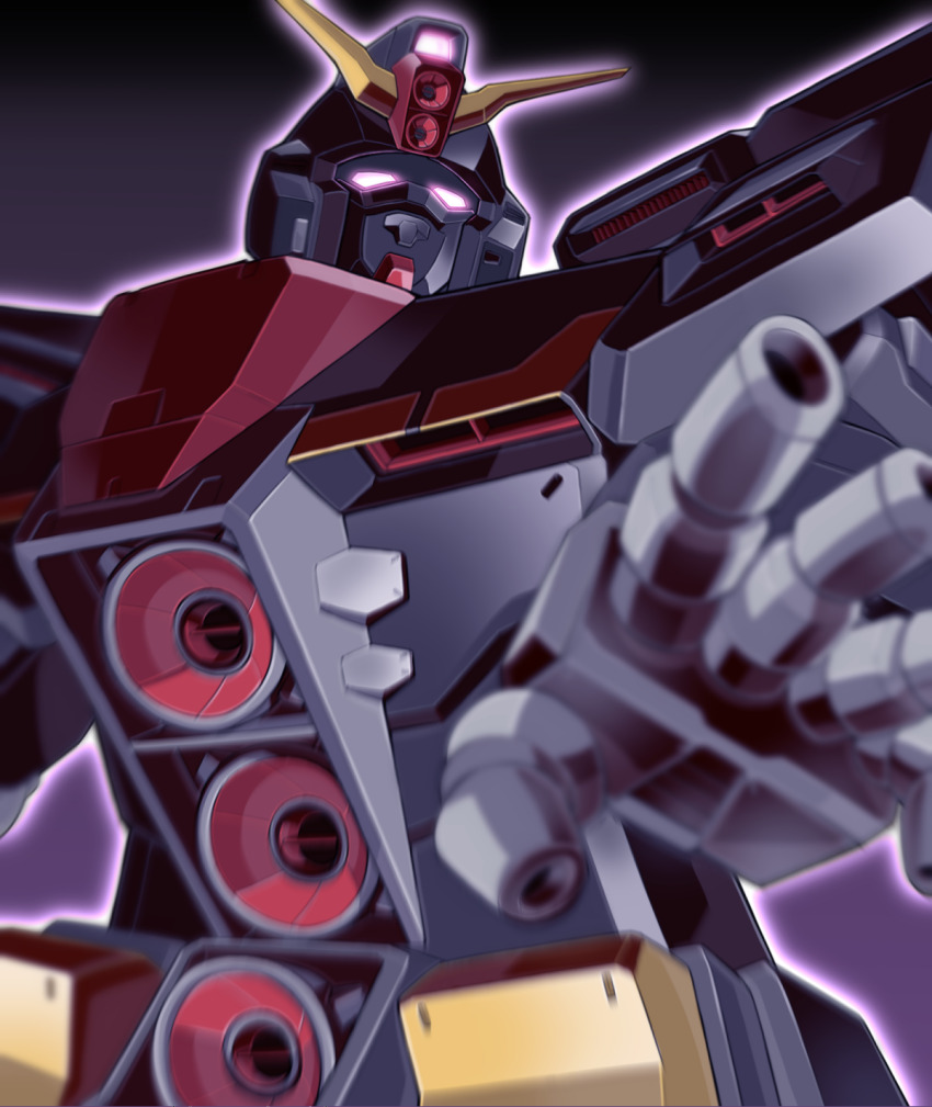 beam_cannon blurry blurry_foreground chest_cannon commentary_request daigosan_(k66daigensui) derivative_work energy finger_cannon glowing glowing_eyes gundam highres machinery mecha mecha_focus mobile_suit no_humans psycho_gundam purple_eyes robot science_fiction titans_(gundam) upper_body v-fin weapon zeta_gundam