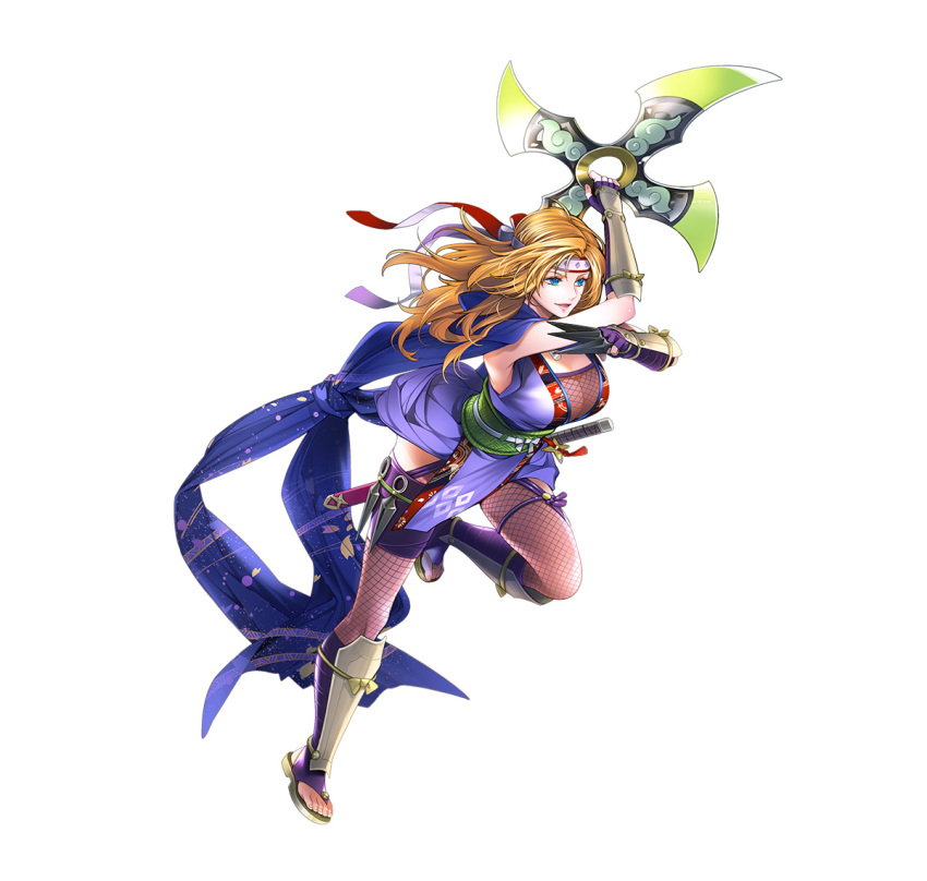 1girl blonde_hair blue_eyes breasts cleavage fire_emblem fire_emblem:_radiant_dawn fire_emblem_heroes full_body headband heather_(fire_emblem) heather_(ninja)_(fire_emblem) holding holding_shuriken holding_weapon large_breasts ninja nintendo official_art red_headband sandals shuriken smile toyota_saori weapon zouri