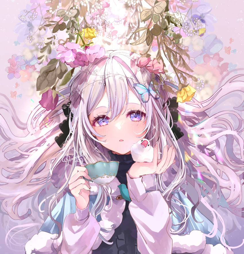 1girl animal bird black_shirt blue_capelet blue_flower capelet center_frills commentary_request cup floating_hair flower frills fur-trimmed_capelet fur_trim grey_hair hair_between_eyes hands_up highres holding holding_animal holding_cup java_sparrow long_hair long_sleeves looking_at_viewer original pink_flower puffy_long_sleeves puffy_sleeves puracotte purple_eyes red_flower shirt signature sleeves_past_wrists solo teacup upper_body very_long_hair white_java_sparrow yellow_flower