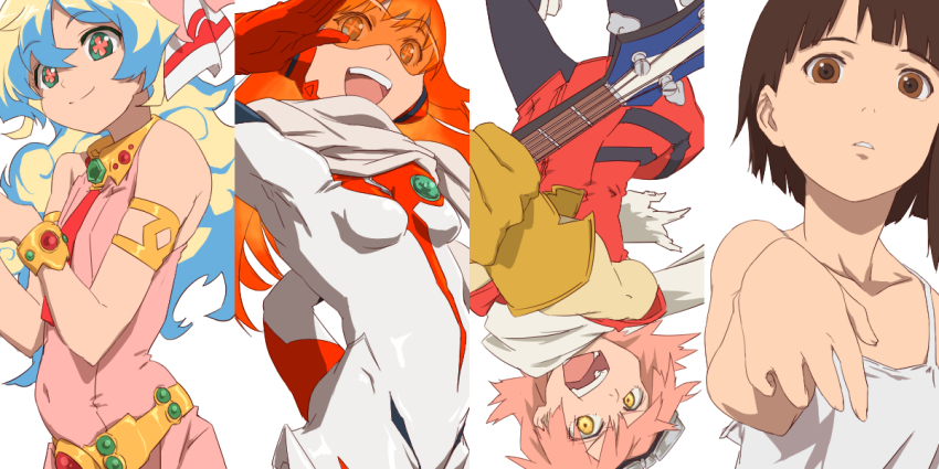 +_+ 4girls aonori_misuji armlet bass_guitar black_pantyhose blonde_hair blue_hair bodysuit bracelet breasts brown_eyes brown_hair camisole collarbone commentary_request cross-shaped_pupils crossover dress flcl gem gloves goggles goggles_on_head gold_belt green_eyes hair_ornament hand_on_own_hip hand_up haruhara_haruko holding holding_instrument instrument iwakura_lain jewelry long_hair looking_at_viewer multicolored_hair multiple_girls necktie nia_teppelin nono_(top_wo_nerae_2!) open_mouth orange_hair outstretched_arm pantyhose parted_lips pink_dress pink_hair red_gloves red_vest scarf serial_experiments_lain sleeveless sleeveless_dress small_breasts smile spaghetti_strap sunglasses symbol-shaped_pupils teeth tengen_toppa_gurren_lagann tinted_eyewear top_wo_nerae!_(series) top_wo_nerae_2! two-tone_hair upside-down vest white_bodysuit white_camisole white_scarf yellow_eyes yellow_gloves